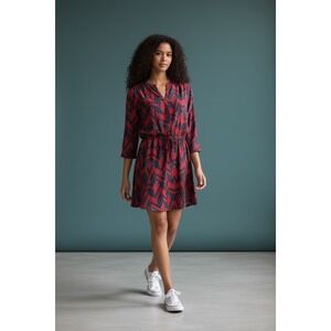 Maeve Anthro Chevron Print Shirt Dress Red Navy Blue Tie Waist Midi